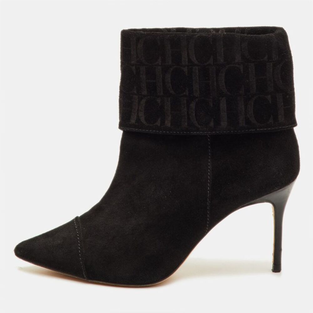 Ch Carolina Herrera Logo Embossed Size 37 Black Suede Pointed Toe Ankle Length